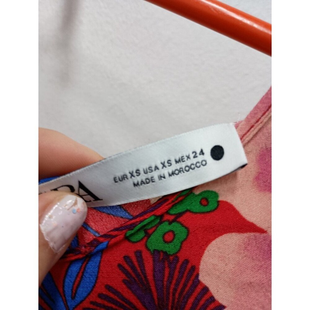 Zara Womens Blouse XS Red Blue Floral Drape Long Sleeve Crew Neck Pullover Top - Picture 5 of 10